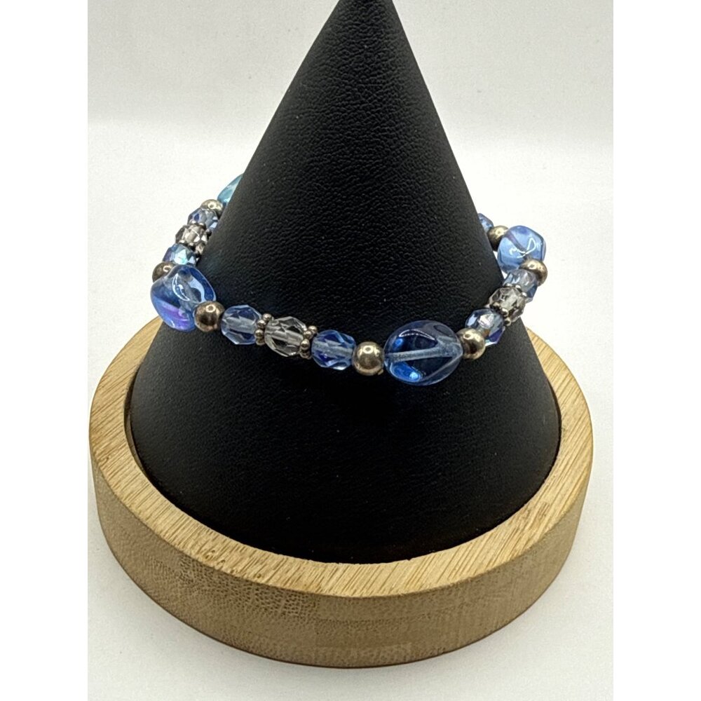 Sterling Silver Toggle Bracelet With Blue & Clear Glass Beads